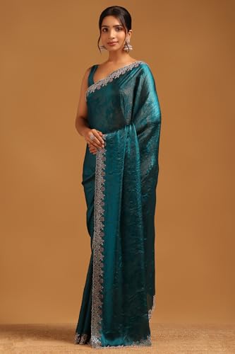 Soch Womens Blue Organza Saree With Stone Work