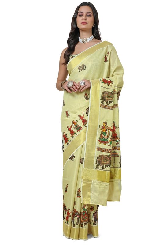 Soch Womens Cream Tissue Kasavu Saree