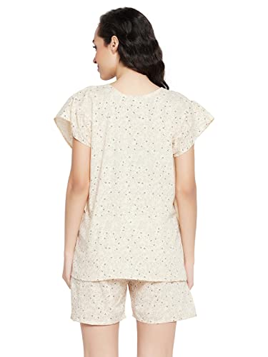 Clovia Women's Cotton Pretty Florals Kaftan Top & Short Set(LS0607P24_Beige_L)
