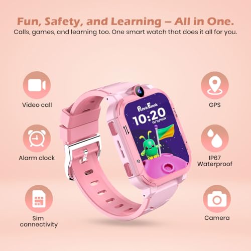 PunnkFunnk Safeguard Kids Smart Watch 5G/4G with SIM Calling, GPS Tracker, Video Calling, SOS Alerts, Face Unlock, Voice Chat, Games, IP67 Waterproof, 800mAh Battery (Pink)