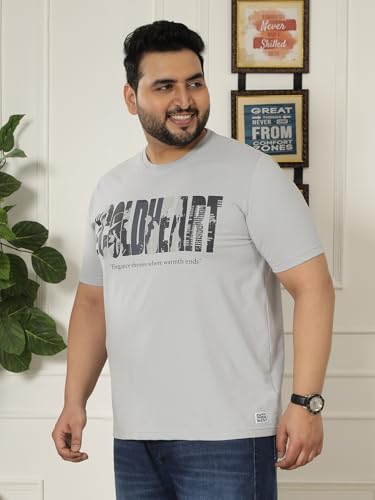 JOHN PRIDE Plus Size Men Regular Fit Printed Short Sleeves Grey Round Neck Stretchable T-Shirt (JPTSR32460_7XL_Grey)