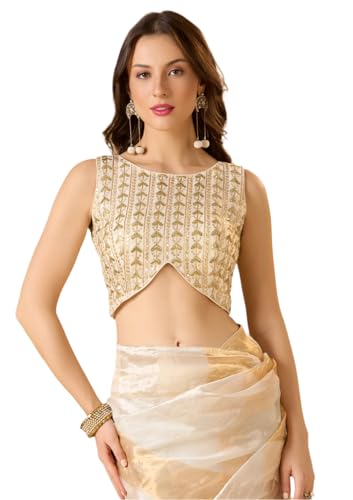 S SALWAR STUDIO Off-White Georgette Boat Neck Sleeveless Readymade Blouse