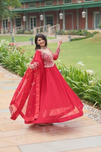 Designer Red Anarkali Gown, Embroidered Georgette Floor Length Dress with Dupatta, Traditional Indian (in, Alpha, M, Regular)
