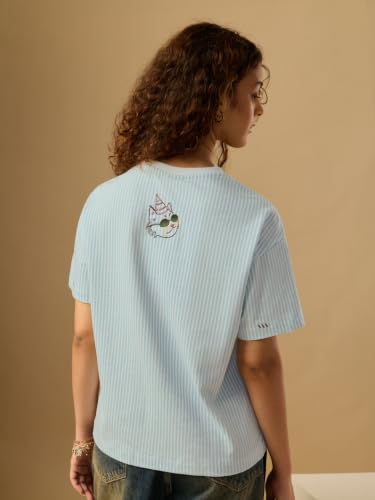 The Souled Store Party Animal Women and Girls Short Sleeve Round Neck Light Blue Striped Embroidered Cotton Oversized Breathable Streetwear Casual Summer T-Shirts
