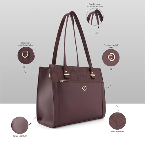 Caprese Bambi Medium Snake Textured Satchel Bag for Women | Elegant Multi-Compartment Shoulder Handbag with Adjustable & Detachable Strap | Zipper Closure | Perfect for Worl & Travel (Brown)