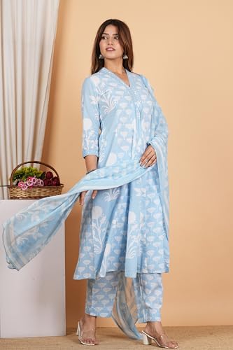 Yash Gallery Women's Cotton Calf Length V-Neck 3/4th Sleeves Botanical Floral Print Regular Fitted Mirror Work Anarkali Kurta With Pant & Dupatta (Blue, 8XL)