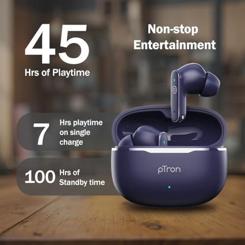 pTron Bassbuds Eon in-Ear TWS Earbuds w/ 13mm Drivers, 45Hrs Playtime, Dual HD Mic & TruTalk AI-ENC Calls, Custom EQ, Mobile App, Bluetooth v6.0 Headphones,Voice Assist., Type C Charging & IPX5 (Blue)