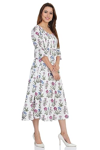 BIBA Women's Off White Cotton Flared Printed Dress Ankle Length DRESSES14868SS19OWHT