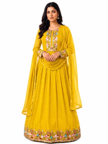 RUDRAPRAYAG Anarkali Georgette and Santoon Maxi Gown for Women | Long Anarkali Gown for Women Semi-Stitched Yellow