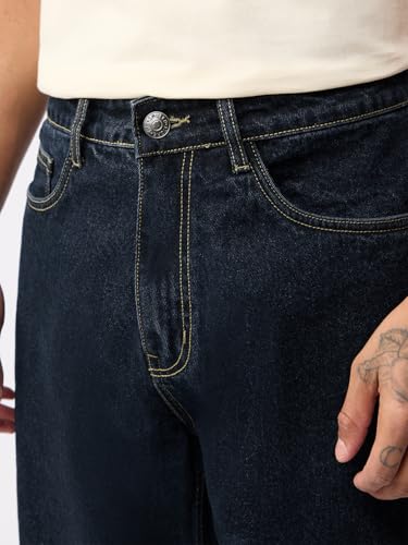 The Souled Store Baggy-Fit Denim: Orion Blue Men and Boys Buttoned Waistband Dark Blue Washed 100% Cotton Denim Baggy Fit Durable Twill Weave Lightweight Everyday All-Season Jeans