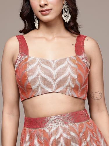 Peach Brocade Sweetheart Neck Blouse With Lehanga And Dupatta