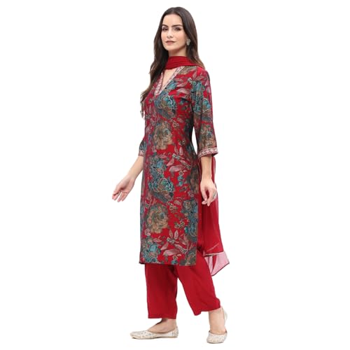 Rangriti Women's Pink Viscose Blend Floral Printed Straight Suit Set_46