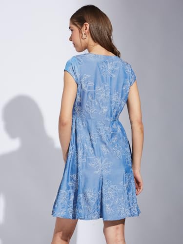 Latin Quarters Women Blue V-Neck Cap Sleeve Printed A-Line Dress_XL