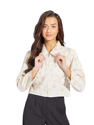 Latin Quarters Women Beige Embroidery Collar Neck Full Sleeves Casual Jacket_XL