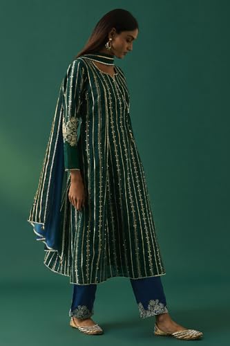 Wishful Women's Green Striped Embroidered Angrakha Kurta with Trouser and Dupatta Set - (SP12864-401158-XXL)
