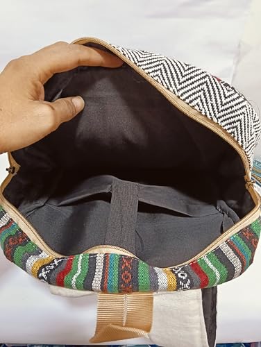 Kedar Kripa Hemp Pitthu Travel Bag Natural Hemp Material, Multicolor Striped Pattern, 3 Pocket Zipper Washable Bag For Man Woman And Boys Girls | Collage Bag Size H15 X L10 X W5 Inches