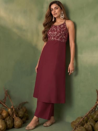 Varanga womens Maroon Halter-Neck Embroidered Anarkali Set