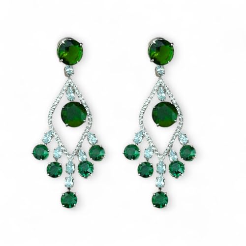 ACCESSHER Elegant Silver-Tone Multicolor Stone Drop Dangle Earrings | American Diamond Studded Lightweight Jewellery For Gift | Stylish Earrings For Women & Girls (Green)