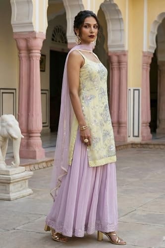 Wishful Women’s Yellow Zari Embroidered Straight Sleeveless Kurta with Cullotes and Dupatta Set - (SP11510-401090-XL)