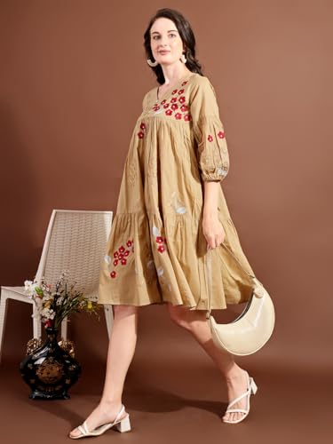 Womanista Women's Beige Cotton with All Over Embroidery V-Neck Tiered Ethnic Dress Knee Length (ETHNICDRESS_106 M)