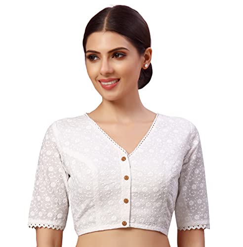 Studio Shringaar Women's Readymade Natural Cotton Elbow Length Sleeves Chikankari Saree Blouse (White, 50)