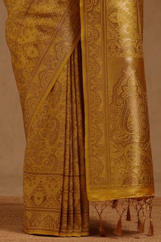 Soch Womens Yellow Tussar Floral Zari Woven Saree