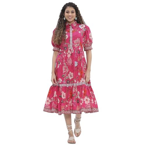 Biba Women's Cotton Tiered Floor Length Dresses (SMBLS3012SS25PNK_Pink