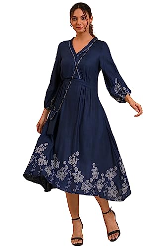 W for Woman Women's Rayon Blue Mock Layer Western Dress with Slim Bag Calf Length 23FEW18883-810412