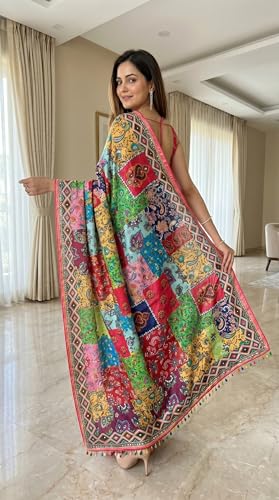 SHANTVAN GALLERY Ajrakh Print Saree for Women with Mirror Work Border and Kodi Latkan, Roman Silk 3D Position Print Silk Saree for Woman with Unstitched Blouse Piece