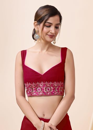 TRENDMALLS Women's Vichitra Silk Embroidery Work Saree with Unstitch Blouse Piece (K1088-Red)