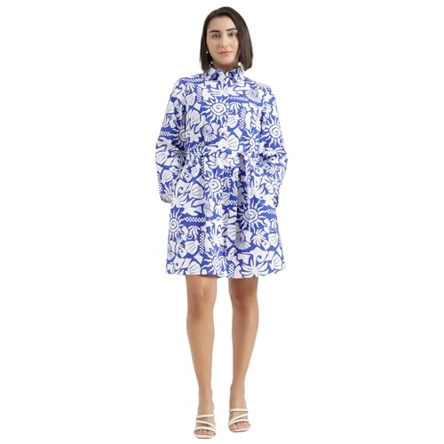 United Colors of Benetton Regular Fit Spread Collar Printed Dress (Size : XS) - 26P4WVNDR318I901 Blue