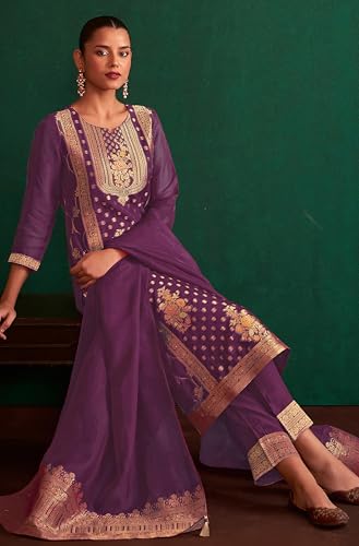 Janasya Women's Purple Organza Jacquard Straight Kurta Set (JAB24ST02276-XL)