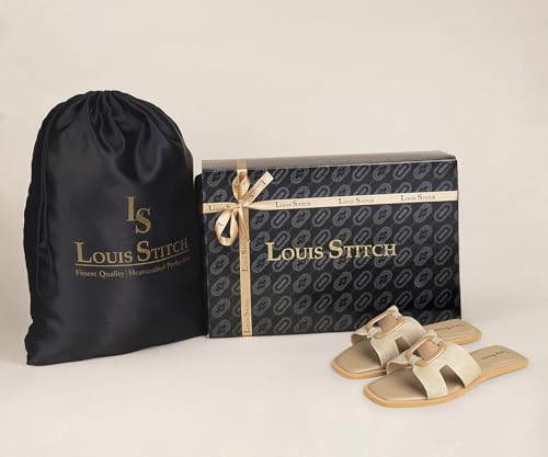 LOUIS STITCH Women’s Fashion Flat Slip On Sandals | Open Toe Beige Stylish Flat Slipper for Ladies, Comfortable All Day Wear Slipper (LSOF-LDSL-SQBBGD) (Size- 8 UK)