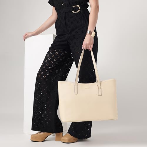 Fastrack Pebble Play Laptop Tote | Beige Faux-Leather Tote Bag for Women | 15-Inch Laptop Compatible | Gold Hardware Finish with Double Handles, Zipper Closure & Organised Storage