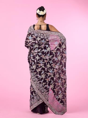 MOHEY Women's Georgette Stone Work, Thread Work & Zari Saree with Blouse Piece (Purple)