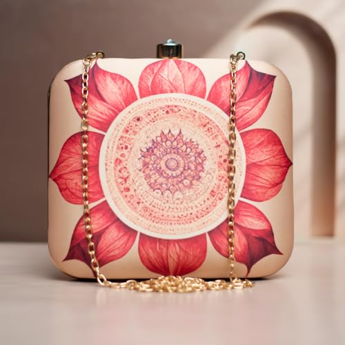 Artklim Biege And Red Flower Printed Clutch