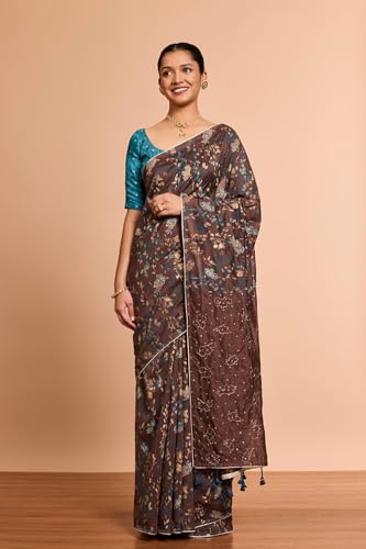 Taneira Women Brown Pure Silk Cotton Embroidered Saree with Unstitched Blouse Piece (SAIP01AC1401-Brown)