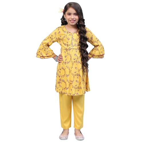 Biba Girls Rayon Kalidar Printed Suit Set(KW5029E_5_Yellow)