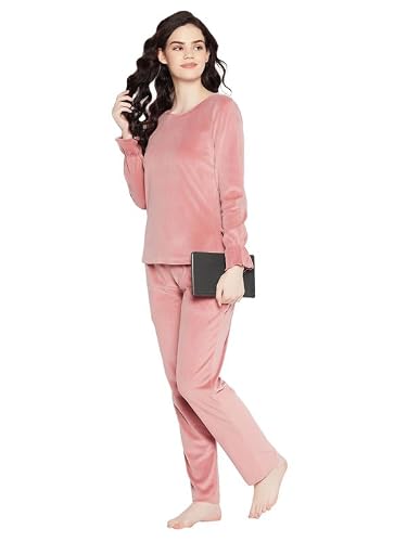 Clovia Women's Velour Solid Top & Pyjama Set (LSW682R22_Pink_M)