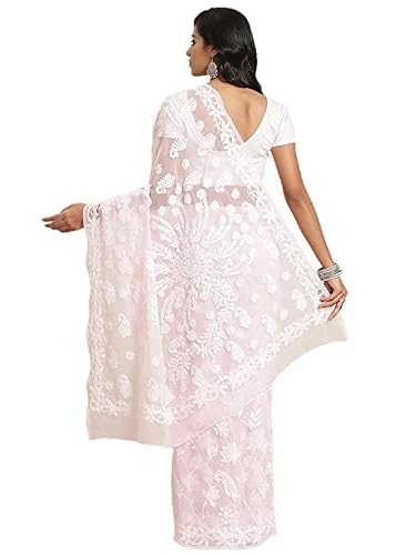 Ada Hand Embroidered Chikankari Georgette Pink Saree for Women A311337