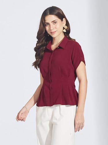 Latin Quarters Women Maroon Half Sleeve Collared Casual Solid Shirt_S