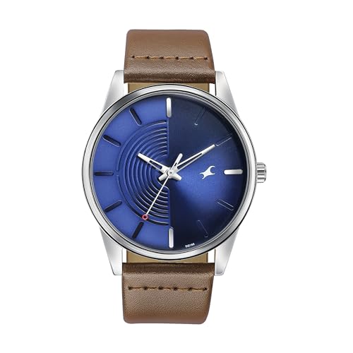 Fastrack Stunners Quartz Analog Navy Blue Dial Brown Leather Strap Watch for Guys - NT3305SL01