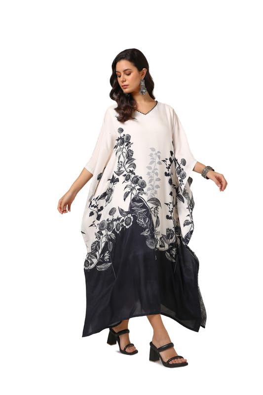 Soch Womens Off White Muslin Blend Floral Kaftan with Beads