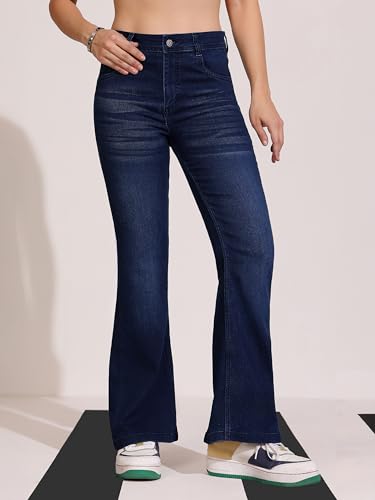 Dolce Crudo Women's High-Rise Regular-Length Stretchable Flared Denim Jeans (DOSS24DEN12-92-358-30, Olympic Blue, 30)