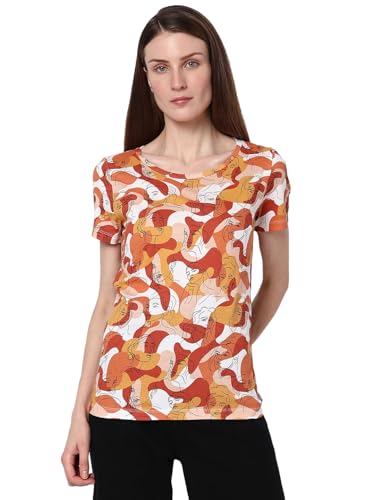 VERO MODA Women Printed Cotton Blend Regular Fit Brown T-Shirt