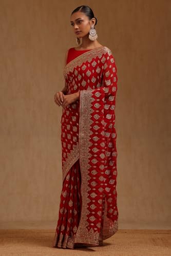 Soch Womens Red Georgette Embroidered Saree With Stone Work