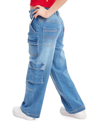 olele® | 7 Pockets Cargo Jeans Pants for Girls| Relaxed Fit Stretchable Denim Jeans Elasticated Waist Pant for 4 to 14 Years Kids