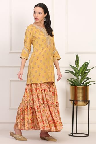 W for Woman Yellow Floral Print Zari Embroidered Straight Shantung Kurta with Sharara and Dupatta Set (WS11769-125062-L)