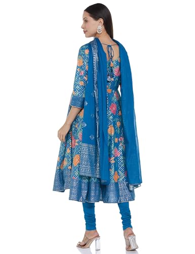 BIBA Women Cotton Anarkali Printed Suit Set (SKDSMERBLOOM9596SS24TEAL_Green