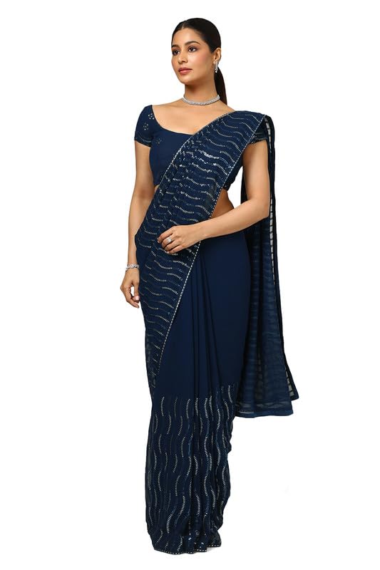 Soch Womens Blue Sequin Embellished Georgette Saree